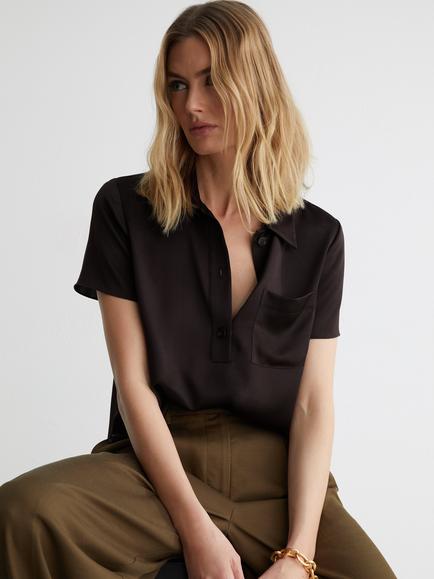 Reiss Polly Pocket Detail Pure Silk Top, Chocolate Brown - view 2, Chocolate Brown