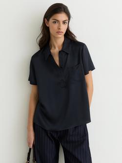 Reiss Polly Pocket Detail Pure Silk Shirt, Navy, Navy