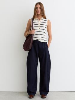 Reiss Sarah Stripe Button Polo Top, Ivory/Navy, Ivory/Navy