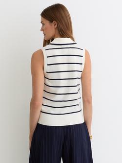 Reiss Sarah Stripe Button Polo Top, Ivory/Navy - view 2, Ivory/Navy