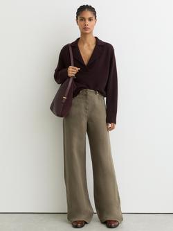 Reiss Carmen Linen Blend Wide Leg Trousers, Khaki Green, Khaki Green