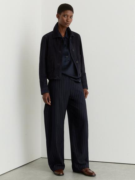 Reiss Petite Elle Pinstripe Barrel Leg Trousers, Navy, Navy
