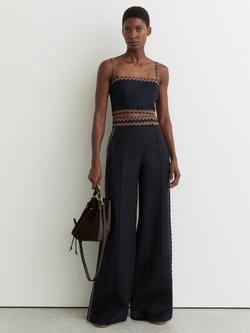 Reiss Mila Ric Rac Trim Pure Linen Trousers, Navy/Brown, Navy/Brown