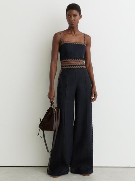Reiss Mila Ric Rac Trim Pure Linen Trousers, Navy/Brown, Navy/Brown