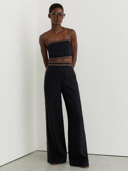 Reiss Petite Mila Ric Rac Trim Pure Linen Trousers, Navy/Brown, Navy/Brown