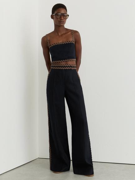Reiss Petite Mila Ric Rac Trim Pure Linen Trousers, Navy/Brown, Navy/Brown