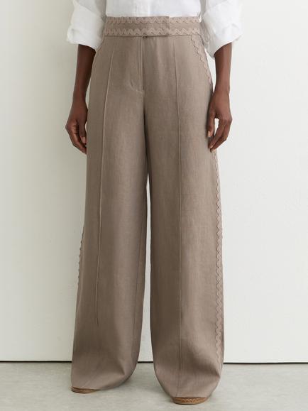 Reiss Mila Ric Rac Trim Pure Linen Trousers, Taupe Neutral, Taupe Neutral