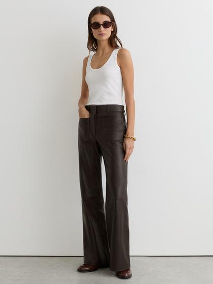 Reiss Priya Flared Leather Trousers, Chocolate Brown, Chocolate Brown