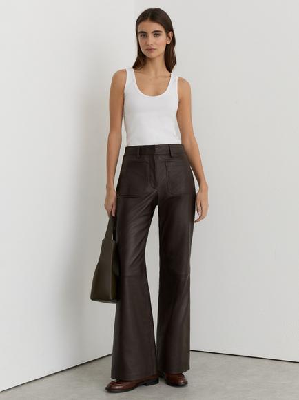 Reiss Petite Priya Pure Leather Flared Trousers, Chocolate Brown