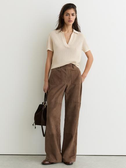 Reiss Priya Pure Suede Flared Trousers, Taupe