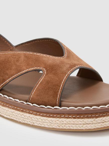 Reiss Rhia Suede Contrast Stitch Footbed Sandals, Tan - view 2, Tan