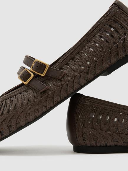 Reiss Elizabeth Woven Rattan Double Strap Ballerina Flats, Chocolate - view 2, Chocolate