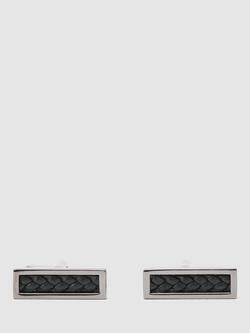Reiss Marlin Braided Leather Bar Cufflinks, Gunmetal/Black, Gunmetal/Black