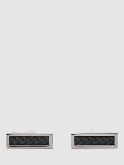 Reiss Marlin Braided Leather Bar Cufflinks, Gunmetal/Black - view 2, Gunmetal/Black