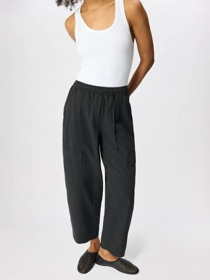 Whistles Mid Rise Barrel Leg Utility Cotton Cargo Trousers - view 2, Washed Black