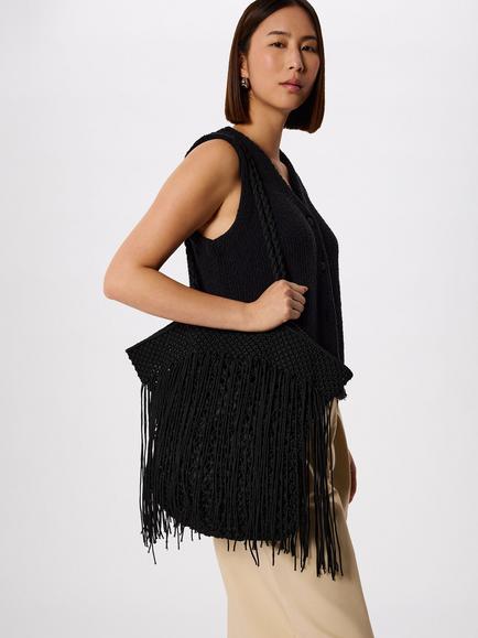 Whistles Crochet Fringe Bag, Black - view 2, Black