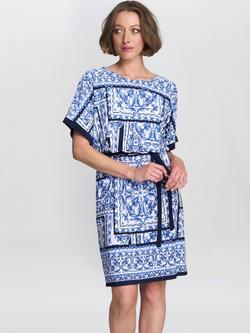 Gina Bacconi Tisha Abstract Tie Waist Dress, Blue/White, Blue/White