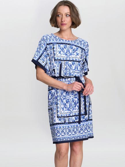 Gina Bacconi Tisha Abstract Tie Waist Dress, Blue/White, Blue/White
