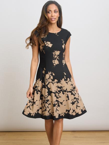 Gina Bacconi Floral Flared Dress, Black/Beige, Black/Beige