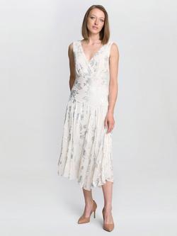 Gina Bacconi Floral Chiffon Midi Dress, Champagne/Silver, Champagne/Silver