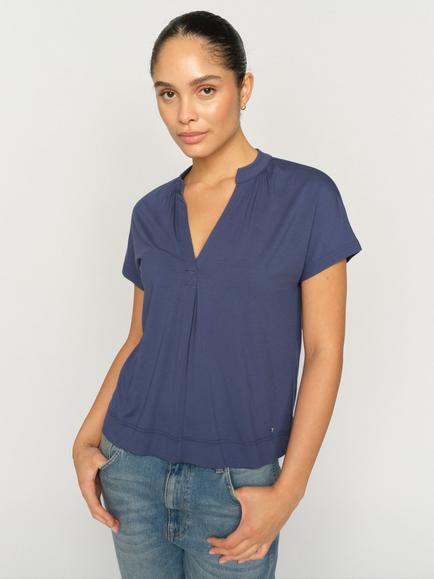 MOS MOSH Shira V-Neck Pleat Top containing LENZING™ ECOVERO™ Viscose, Crown Blue, Crown Blue
