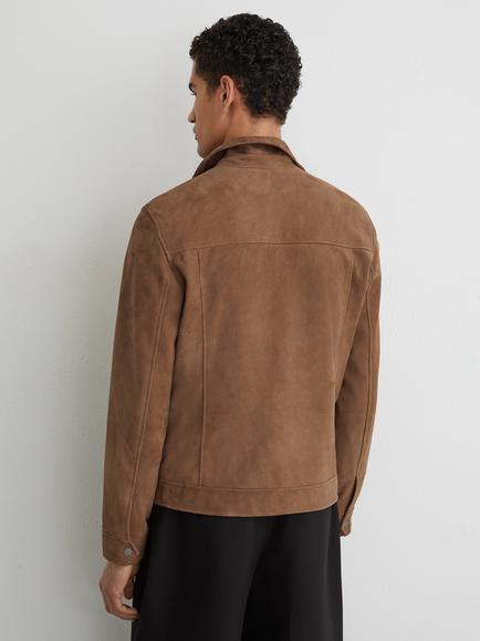 Reiss Sliken Suede Press Stud Twin Pocket Jacket, Mushroom Brown - view 2, Mushroom Brown