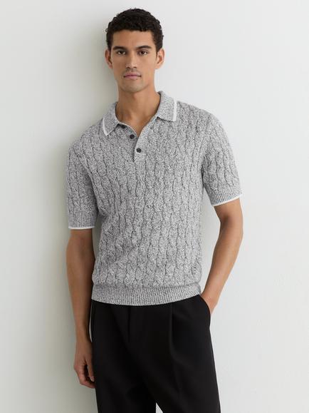 Reiss Denby Half Zip Cable Polo Shirt, Black/White, Black/White