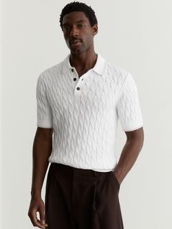 Reiss Denby Cable Knit Polo Shirt, White/Soft Grey, White/Soft Grey