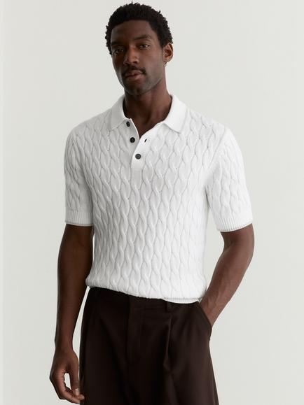 Reiss Denby Cable Knit Polo Shirt, White/Soft Grey, White/Soft Grey