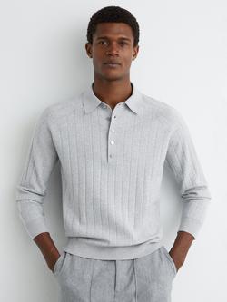 Reiss Dillingham Half Button Wide Ribbed Long Sleeve Polo Top, Grey, Grey