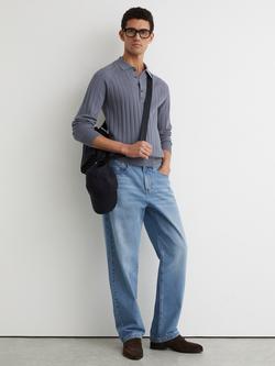 Reiss Dillingham Half Button Wide Ribbed Long Sleeve Polo Top, Steel, Steel