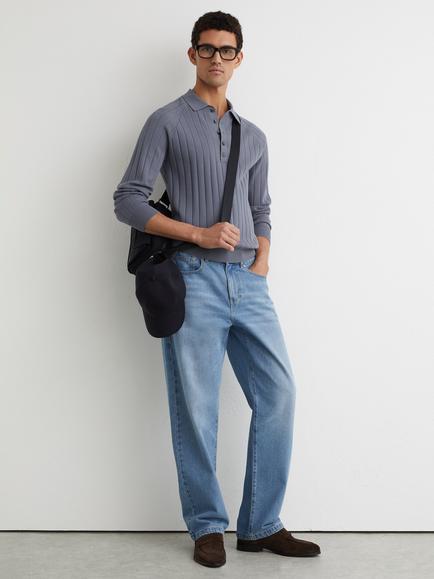 Reiss Dillingham Half Button Wide Ribbed Long Sleeve Polo Top, Steel, Steel