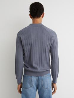 Reiss Dillingham Half Button Wide Ribbed Long Sleeve Polo Top, Steel - view 2, Steel