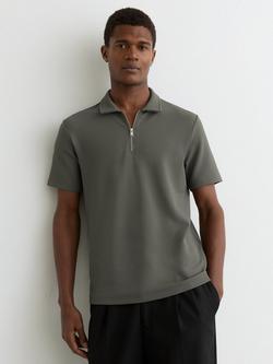 Reiss Forno Half Zip Textured Polo Shirt, Sage, Sage