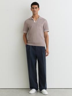 Reiss Newbury Contrast-Stitch Knitted Polo Shirt, Light Taupe Brown, Light Taupe Brown