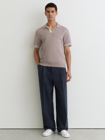 Reiss Newbury Contrast-Stitch Knitted Polo Shirt, Light Taupe Brown, Light Taupe Brown