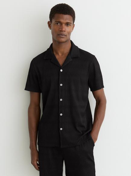 Reiss Aleo Textured Wave Cuban Short Sleeve Shirt, Black