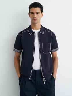 Reiss Blake Stitch Detail Zip Through Knit Shirt, Navy, Navy