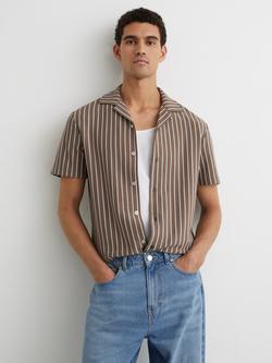 Reiss Percy Textured Striped Cuban Shirt, Brown/Ecru, Brown/Ecru