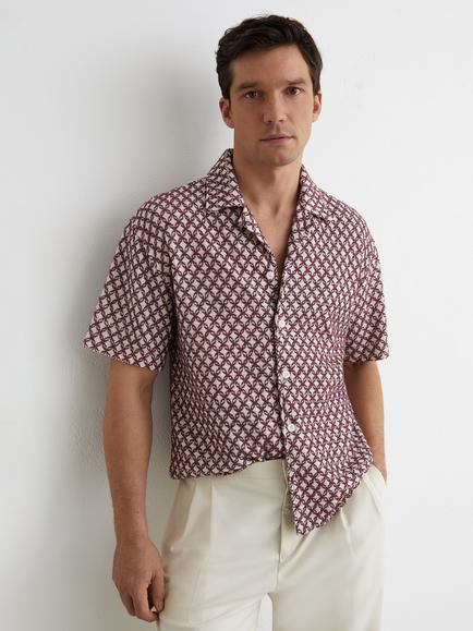 Reiss Geometric Print Short Sleeve Shirt, Rust Red - view 2, Rust Red