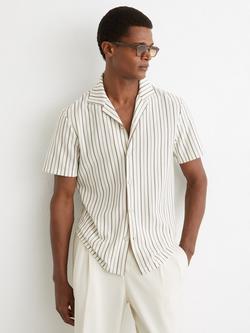 Reiss Percy Cotton Blend Regular Fit Stripe Revere Collar Shirt, Green/Brown Multi, Green/Brown Multi