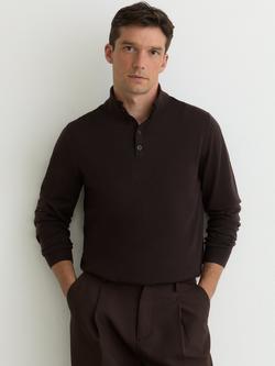 Reiss Farnham Merino Wool Half Button Funnel Neck Jumper, Chocolate Brown, Chocolate Brown