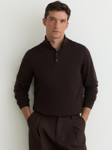 Reiss Farnham Merino Wool Half Button Funnel Neck Jumper, Chocolate Brown, Chocolate Brown