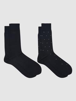 Reiss Cotton Rich Dot & Plain Socks, Pack of 2, Navy, Navy