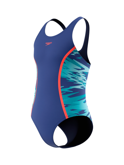Speedo Kids' Hyperboom Splice Muscleback Swimsuit, Nightwatch/Hyperteal - view 2, Nightwatch/Hyperteal