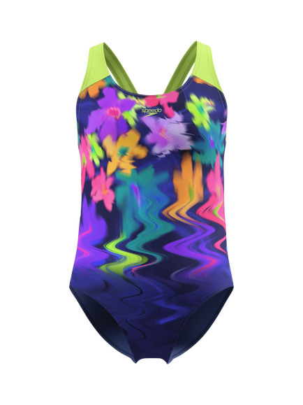 Speedo Kids' Print Splashback Swimsuit, Nightwatch/Citrus Green, Nightwatch/Citrus Green