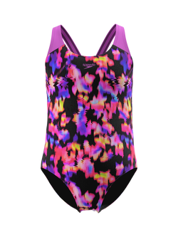 Speedo Kids' Print Splashback Swimsuit, Anthracite/Neon Jelly, Anthracite/Neon Jelly