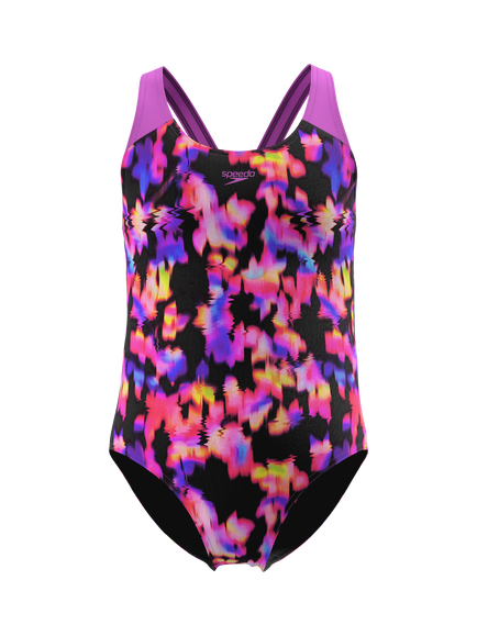 Speedo Kids' Print Splashback Swimsuit, Anthracite/Neon Jelly, Anthracite/Neon Jelly