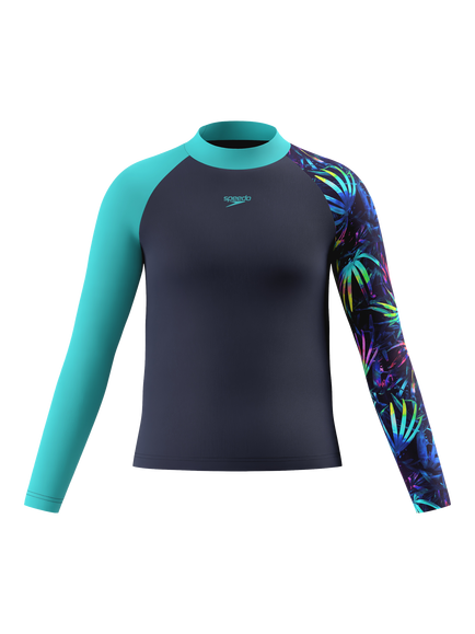 Speedo Kids' Long Sleeve Rash Guard, Peacoat/Hyper Teal, Peacoat/Hyper Teal