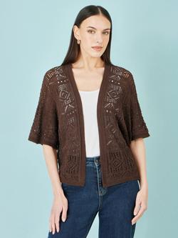 Yumi Open Neck Crochet Cardigan, Brown, Brown